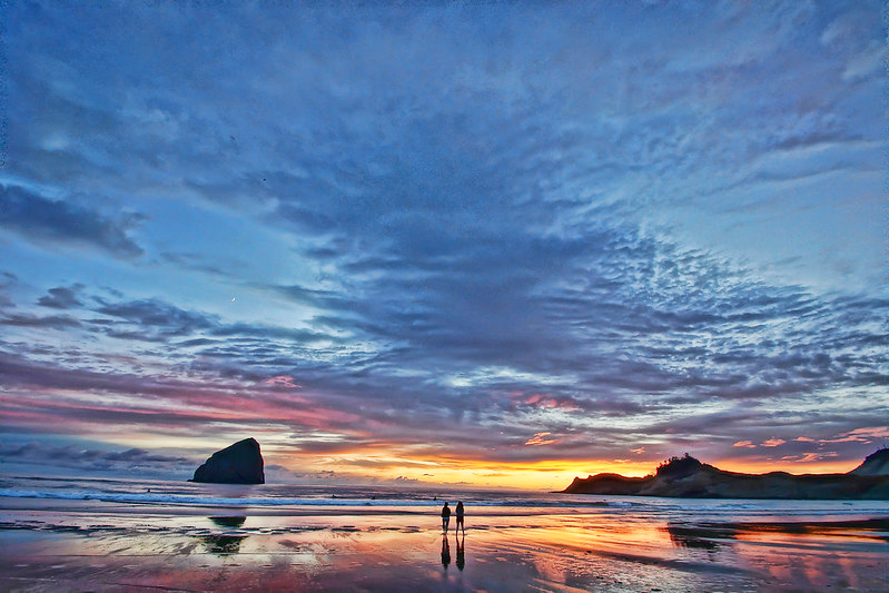 Beautiful sunset, Cape Kiwanda, Haystack Rock at Pacific City, Oregon 