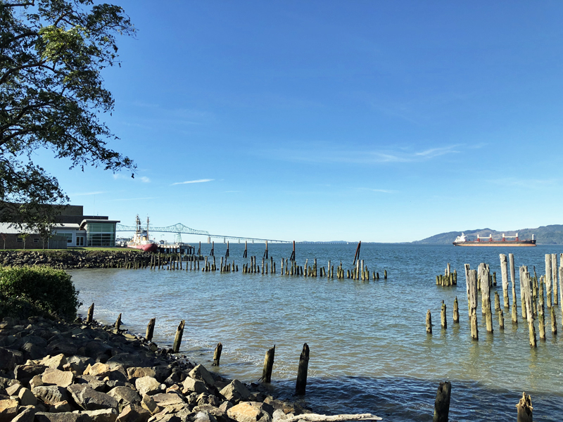 Astoria, Oregon Columbia Riverside walk view of ships and Megler Bridge