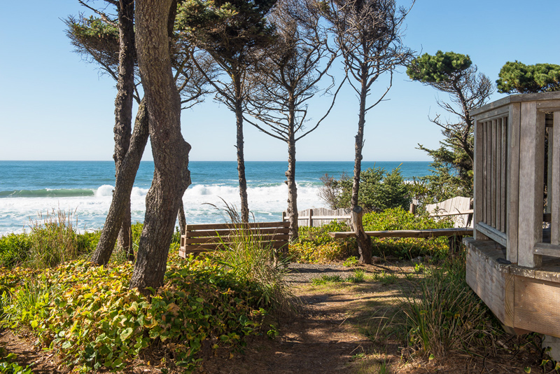 Depoe Bay Sheltering Pines vacation rental view of the ocean and trees