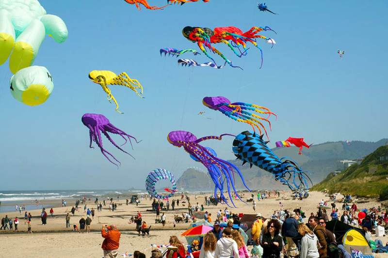 Colorful kites on the beach during the Lincoln City Fall Kite Festival Event.