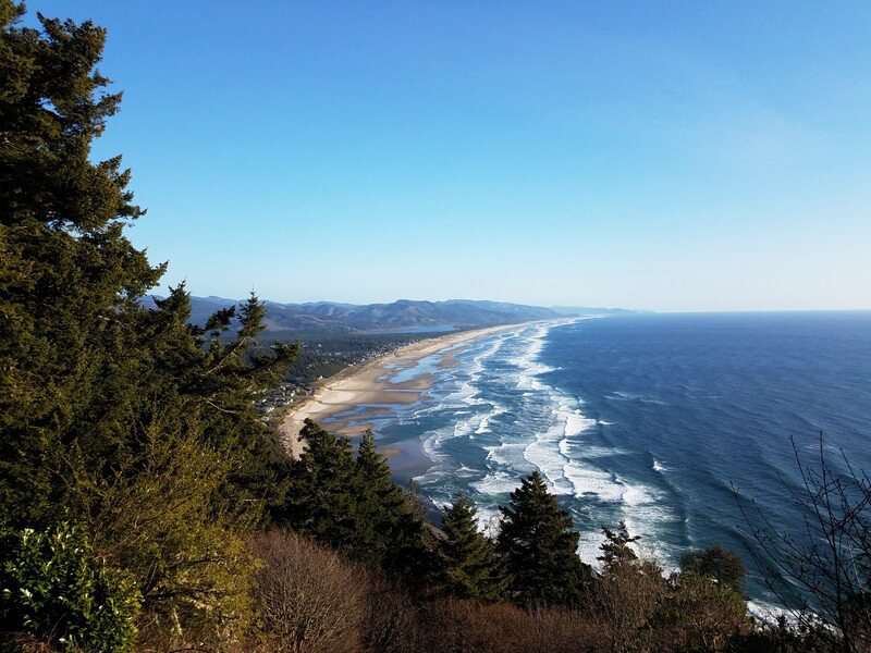 View overlooking the Pacific Ocean and coastline from Neahkahanie View Point on a sunny day.