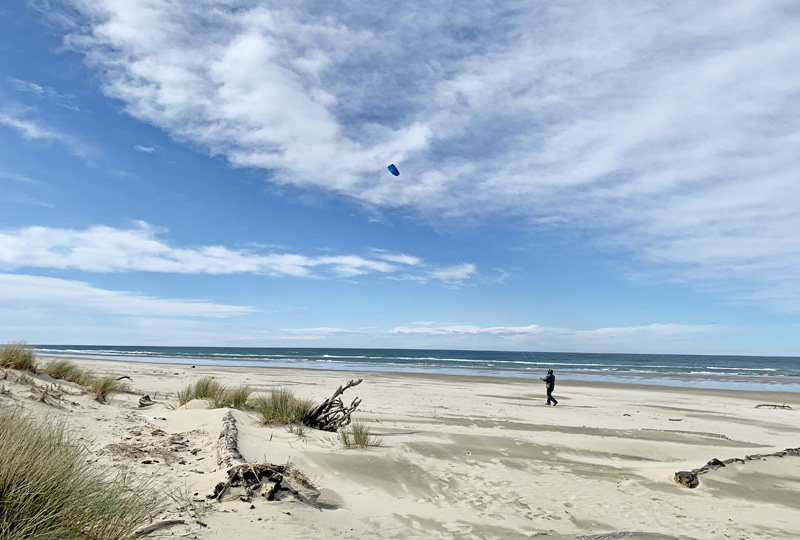 A person flying a kite against a blue sky on sandy beach along the ocean.