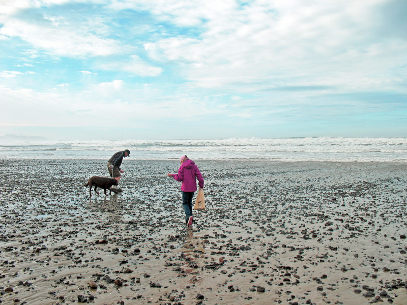 Father, daughter, and dog hunting for agates amongst a lot of rocks on the beach in Oceanside, OR.