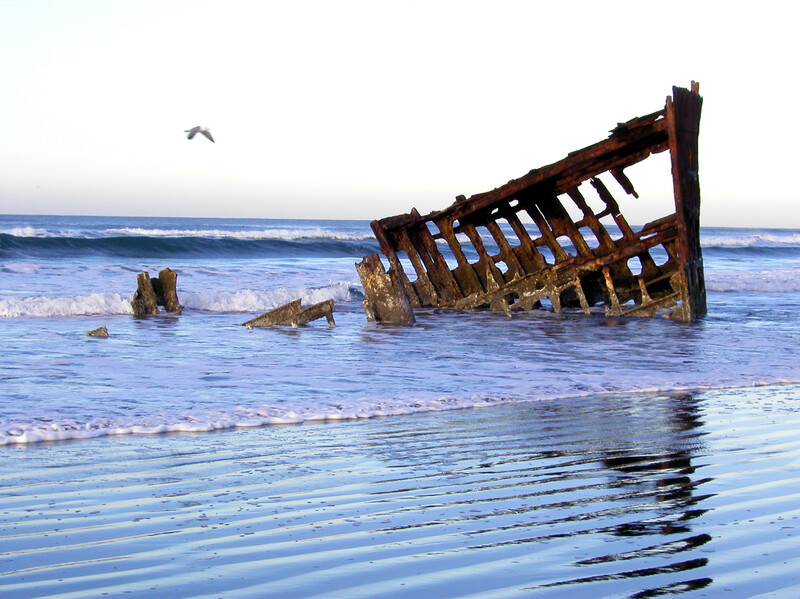 The skeleton of the Peter Iredale shipwreck on a clear morning at Fort Stevens beach.