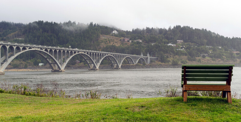 Park bench overlooking the Isaac Lee Patterson Bridge on the Rogue River.