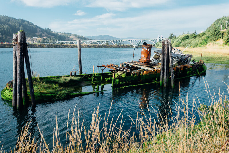 The remains of the sunken Mary D Hume shipwreck in Gold Beach.