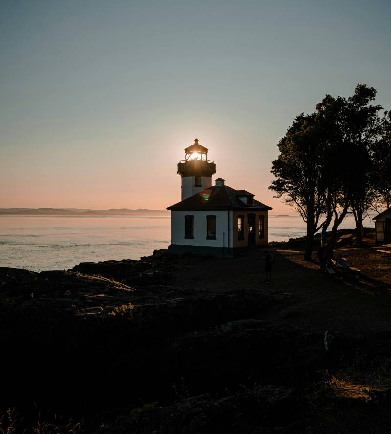 Lighthouse at sunset on the San Juan Islands.