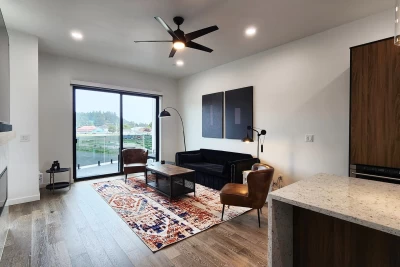 Steel & Surf townhome in Waldport living room featuring modern industrial design