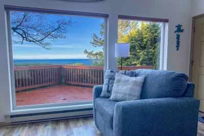 View of Pacific Ocean, Large Windows, Cozy Couch, trees